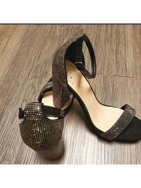 SHINY Sparkly RHINESTONE BLACK GUNMETAL  Square BLOCK  HEELS